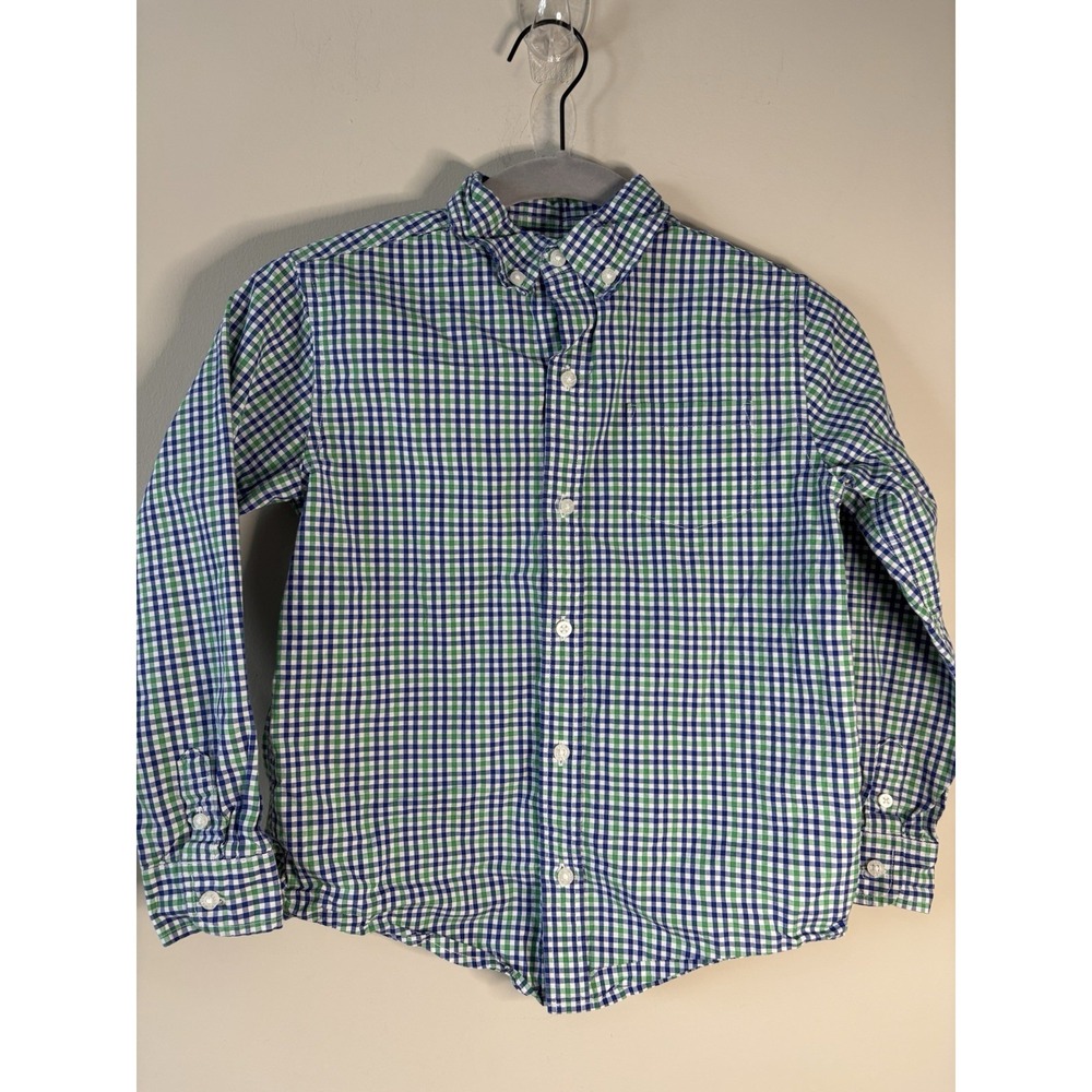 Janie and Jack Kids Button Down Shirt Blue Green Gingham Plaid Size 7